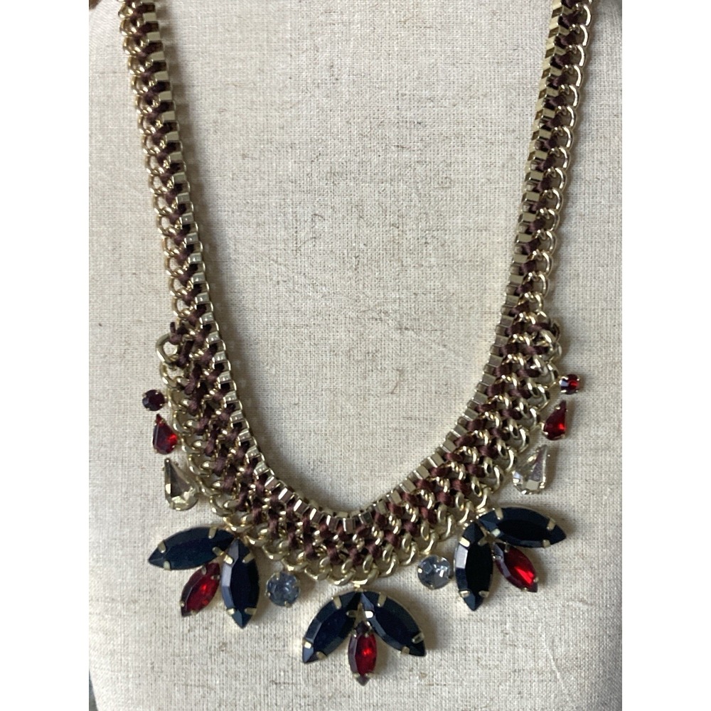14th & Union Statement Necklace Gold‎ Tone Navy Red Rhinestones Chunky Party